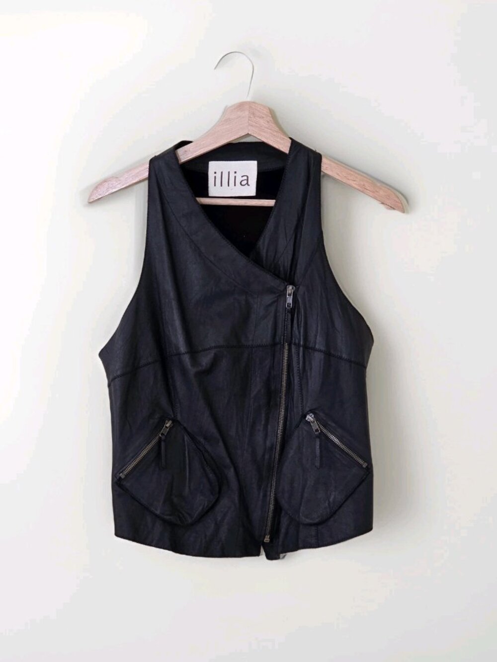 Illia Leather Knit Vest Womens 8 Black Assymetric Biker Moto Grunge Minimalist